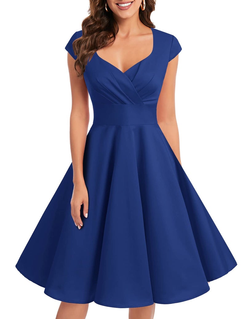 Bbonlinedress Women's Royal Blue Vintage 1950s Retro Cocktail Party Dress for Wedding Guest Semi-Formal Church Fit and Flare Knee Length Rockabilly Swing Dress Royal Blue L - Image 1